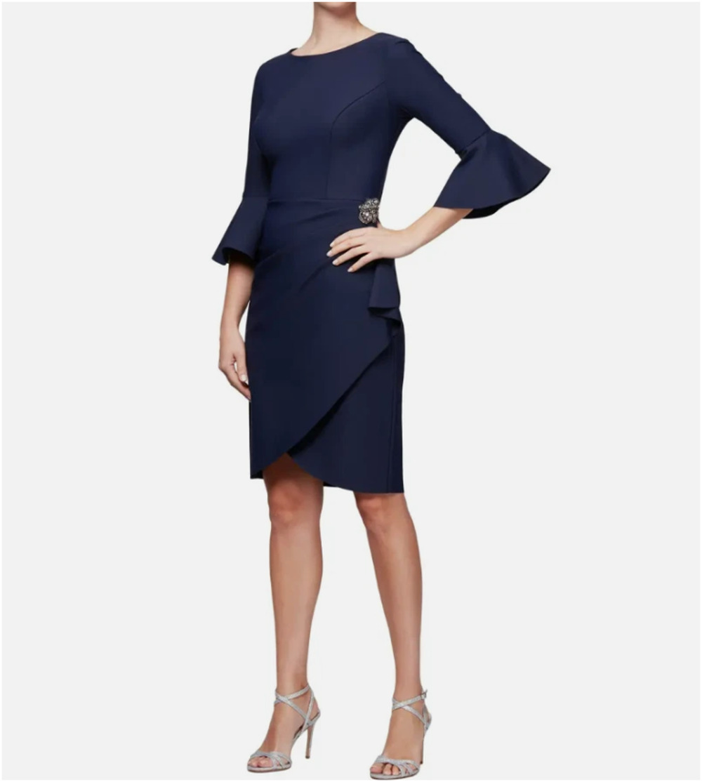 Alex Evenings Cocktail Dress Womens 14W Navy Beaded Bell 3/4 Sleeves Formal Glam